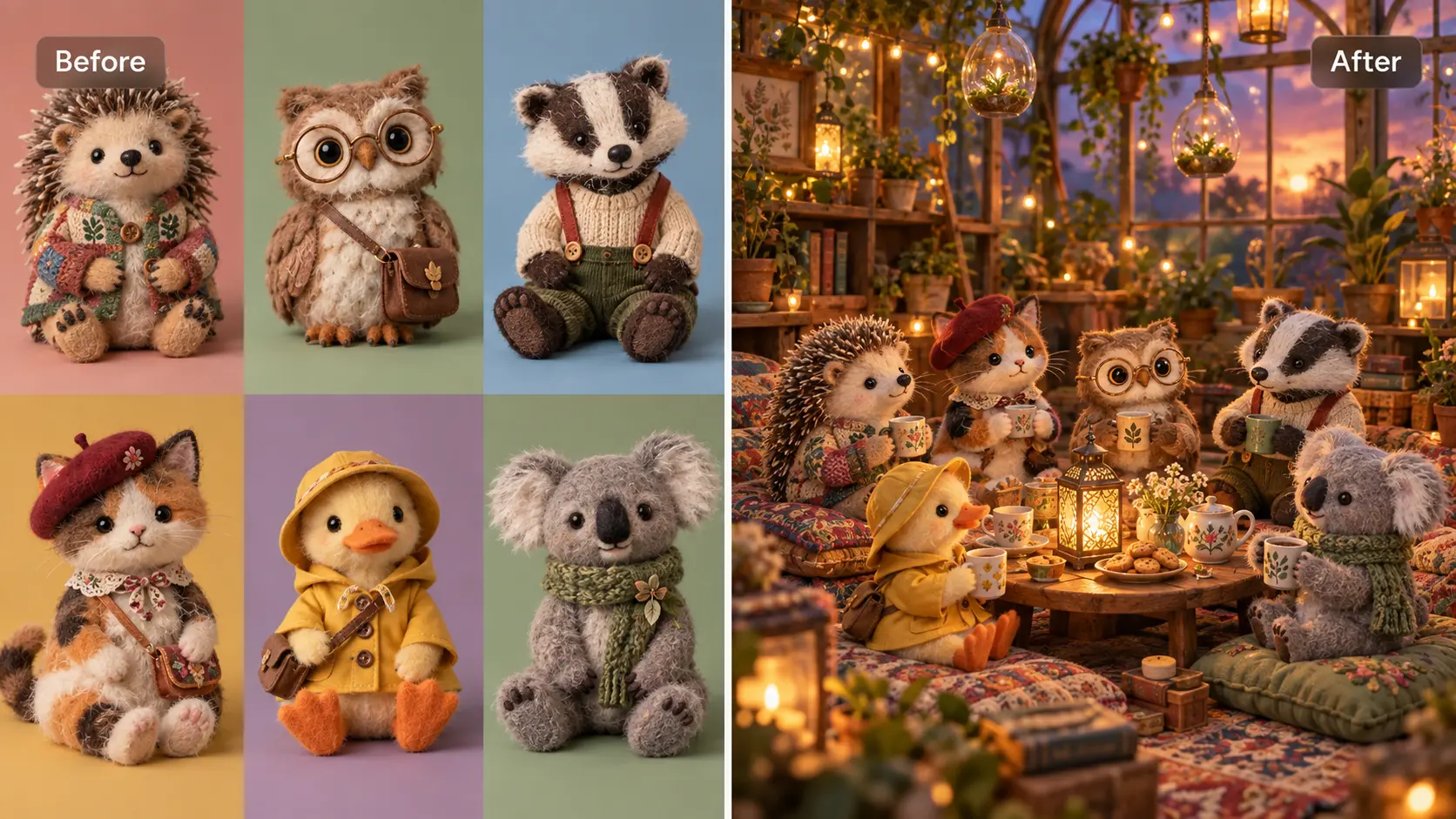 AI Ease AI image generator combining multiple reference images into a styled group scene